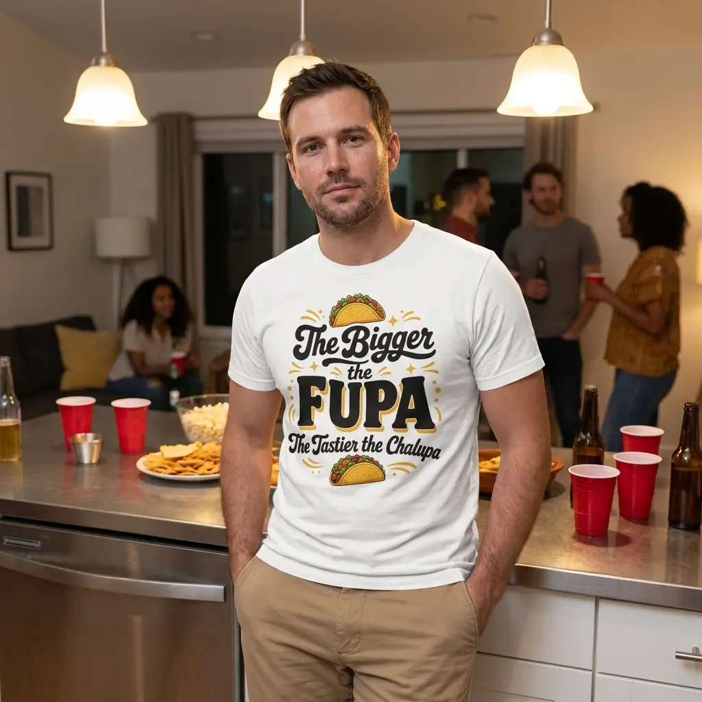 Bigger the Fupa Tastier the Chalupa Funny Taco T-Shirt 6 Lifestyle display of the humorous taco text design for the Bigger the Fupa Tastier the Chalupa shirt.