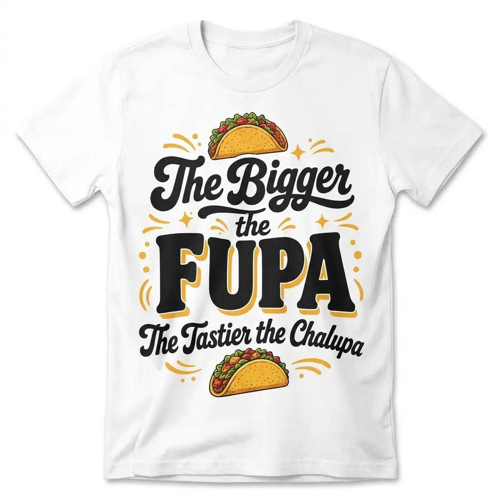 Bigger the Fupa Tastier the Chalupa Funny Taco T-Shirt 1 Front flatlay of a white T-shirt with taco graphics and the phrase The Bigger the Fupa The Tastier the Chalupa.