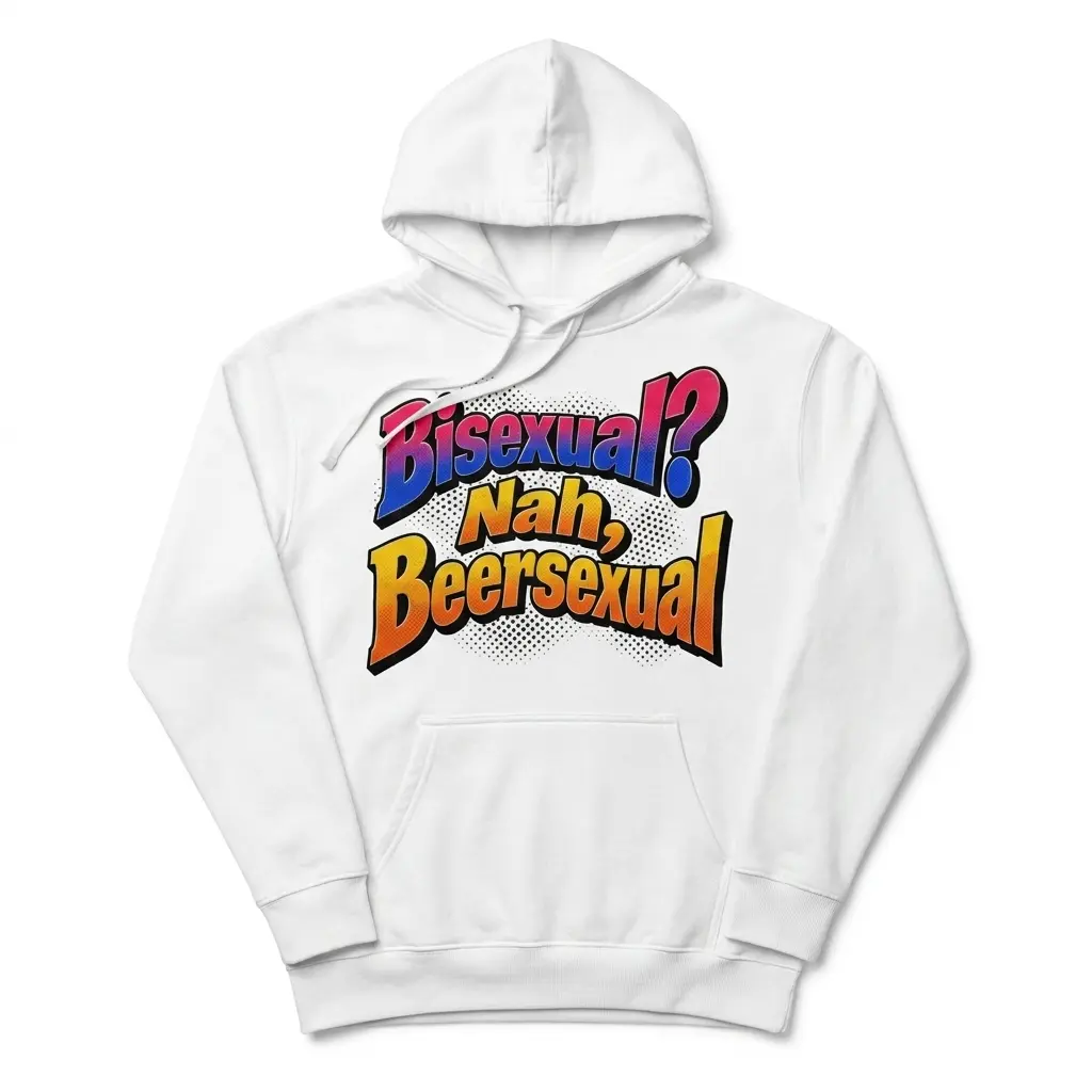 Cozy pullover hoodie displaying front print with 3D comic pop-art lettering reading Bisexual? Nah, Beersexual over halftone dots