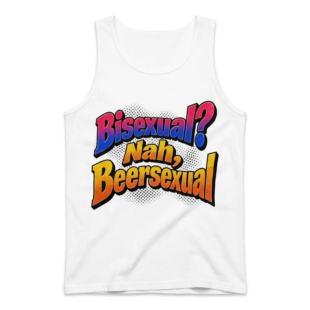 Sleeveless casual tank top with front print with 3D comic pop-art lettering reading Bisexual? Nah, Beersexual over halftone dots