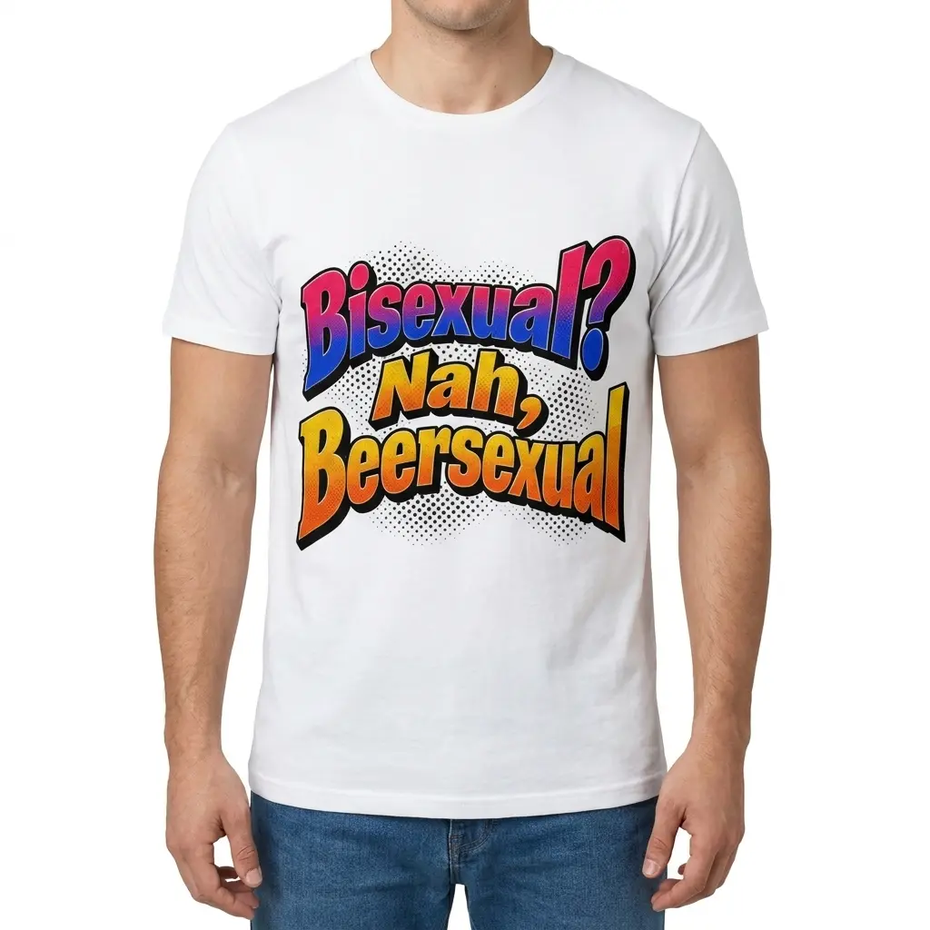 Man wearing white graphic tee with front print with 3D comic pop-art lettering reading Bisexual? Nah, Beersexual over halftone dots
