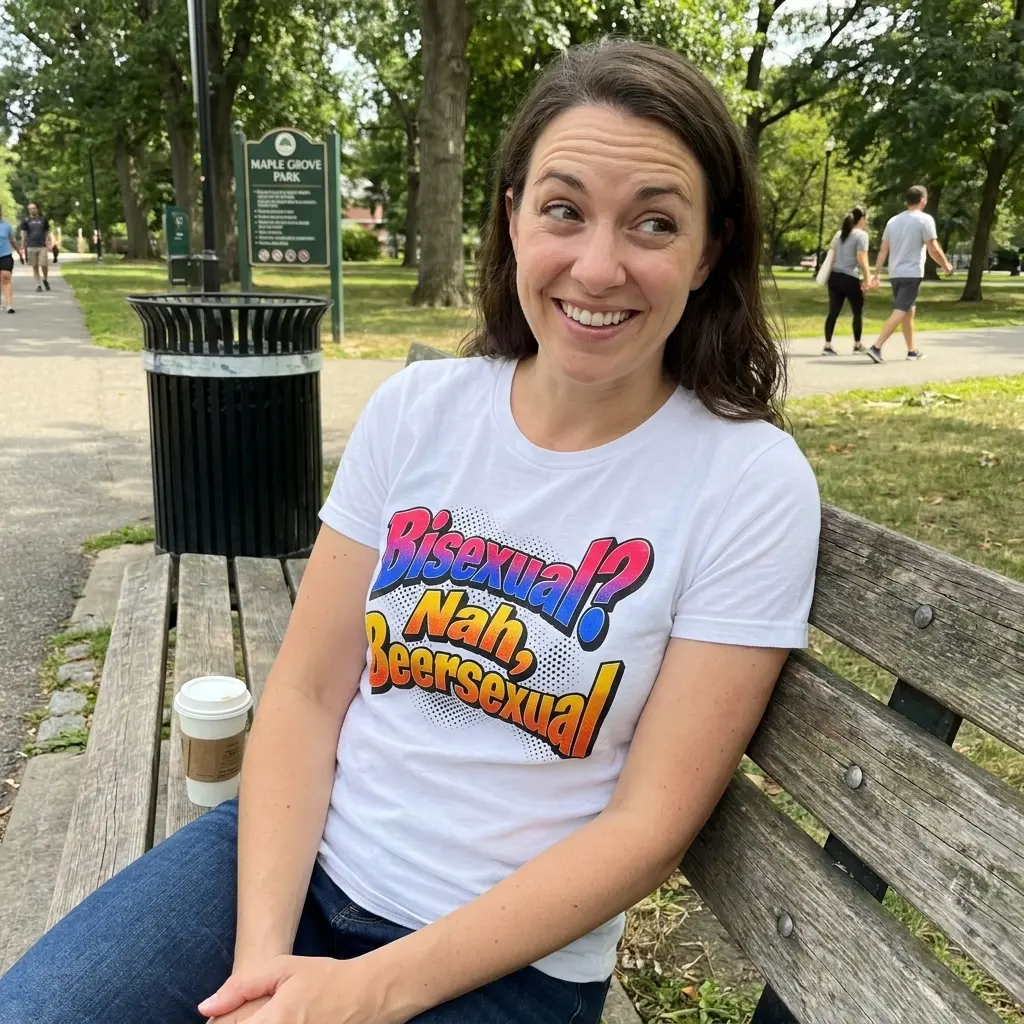 Everyday streetwear outfit styling white shirt with front print with 3D comic pop-art lettering reading Bisexual? Nah, Beersexual over halftone dots