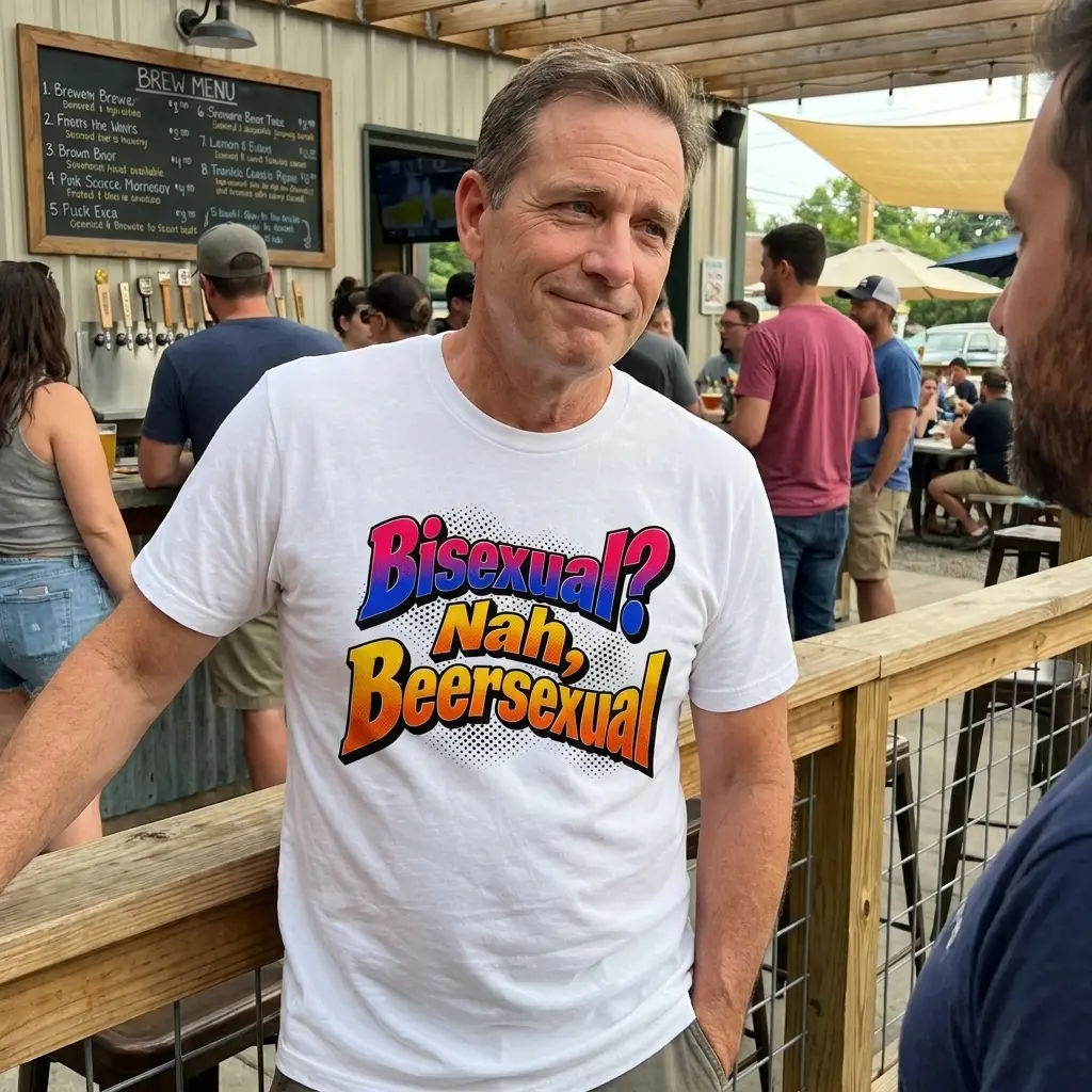 Close-up casual look showcasing white tee and front print with 3D comic pop-art lettering reading Bisexual? Nah, Beersexual over halftone dots