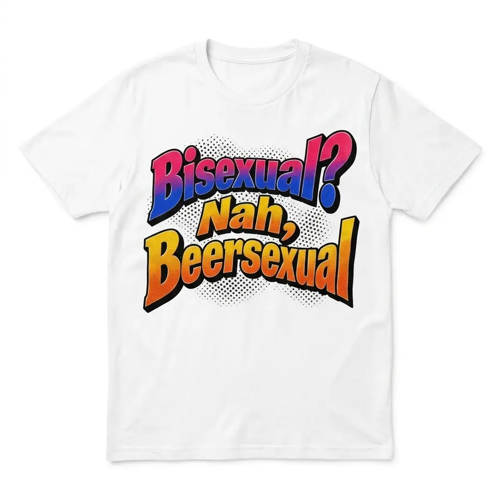 Flatlay white t-shirt featuring front print with 3D comic pop-art lettering reading Bisexual? Nah, Beersexual over halftone dots