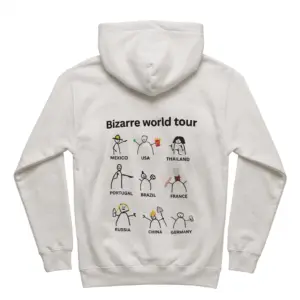 Bizarre World Tour Stick Figure Meme T-Shirt 7 Cozy pullover hoodie displaying back print reading Bizarre world tour with nine funny stick figure country cartoons