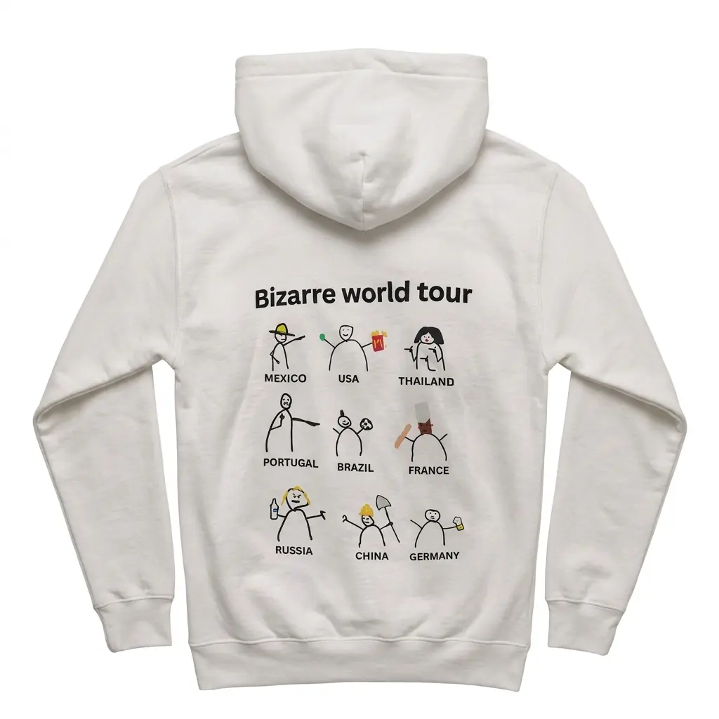 Cozy pullover hoodie displaying back print reading Bizarre world tour with nine funny stick figure country cartoons