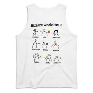 Bizarre World Tour Stick Figure Meme T-Shirt 8 Sleeveless casual tank top with back print reading Bizarre world tour with nine funny stick figure country cartoons