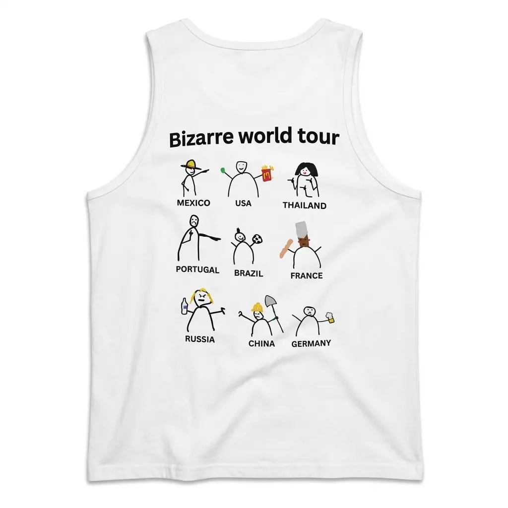 Sleeveless casual tank top with back print reading Bizarre world tour with nine funny stick figure country cartoons