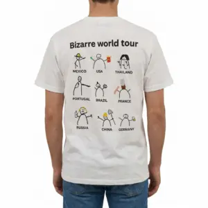 Bizarre World Tour Stick Figure Meme T-Shirt 9 Man wearing white graphic tee with back print reading Bizarre world tour with nine funny stick figure country cartoons