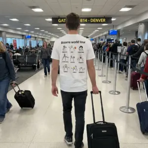 Bizarre World Tour Stick Figure Meme T-Shirt 10 Everyday streetwear outfit styling white shirt with back print reading Bizarre world tour with nine funny stick figure country cartoons