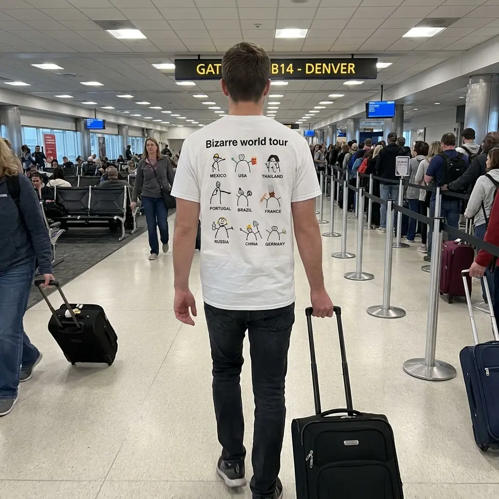 Everyday streetwear outfit styling white shirt with back print reading Bizarre world tour with nine funny stick figure country cartoons