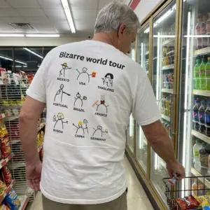 Bizarre World Tour Stick Figure Meme T-Shirt 11 Close-up casual look showcasing white tee and back print reading Bizarre world tour with nine funny stick figure country cartoons