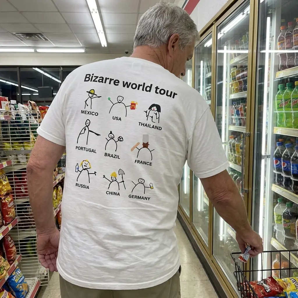 Close-up casual look showcasing white tee and back print reading Bizarre world tour with nine funny stick figure country cartoons