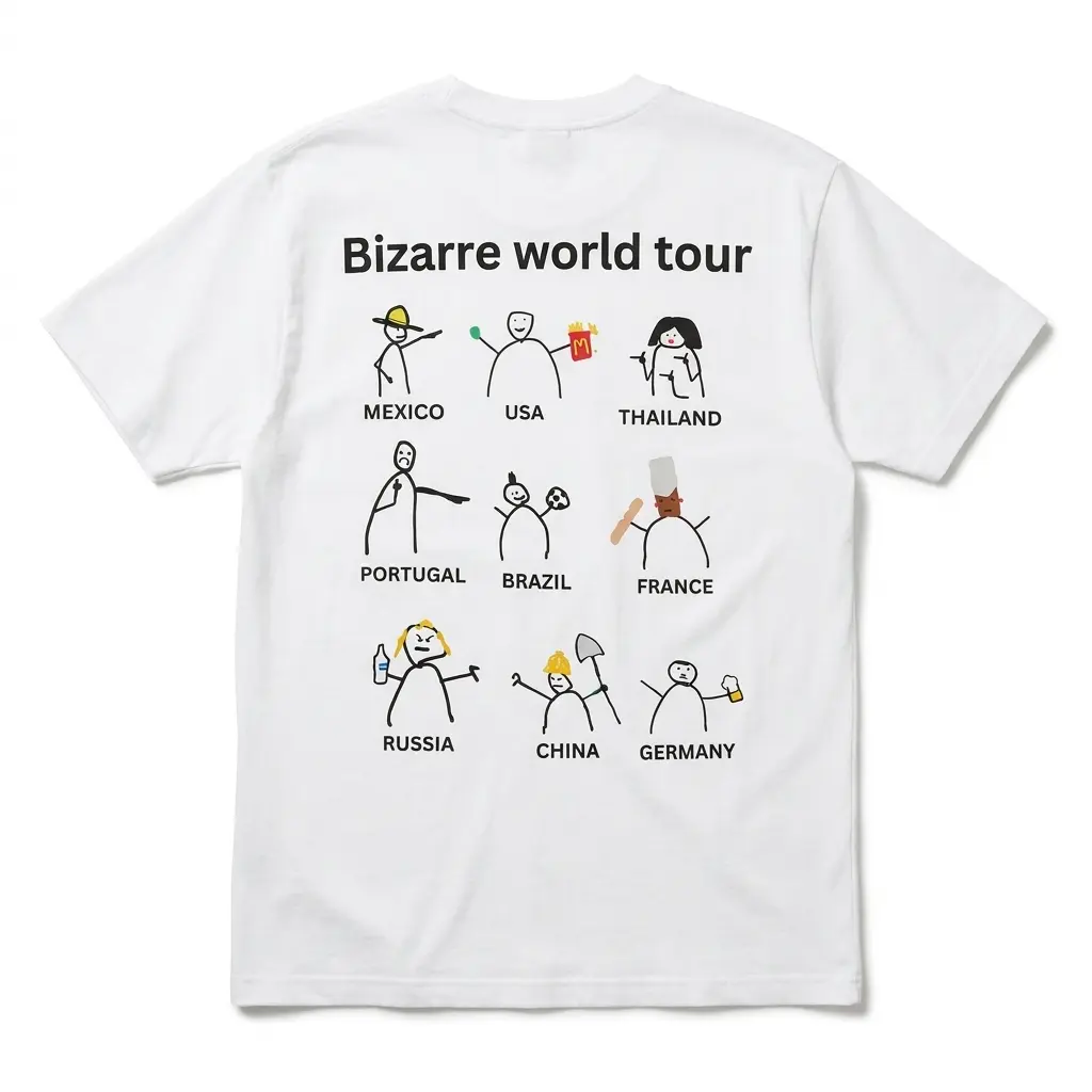 Flatlay white t-shirt featuring back print reading Bizarre world tour with nine funny stick figure country cartoons