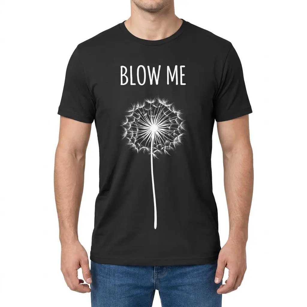 Front view of a man wearing the black Blow Me Dandelion graphic t-shirt.