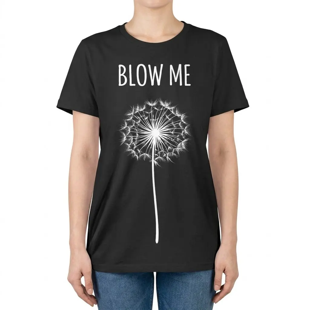 Front view of a woman wearing the black Blow Me Dandelion graphic t-shirt.