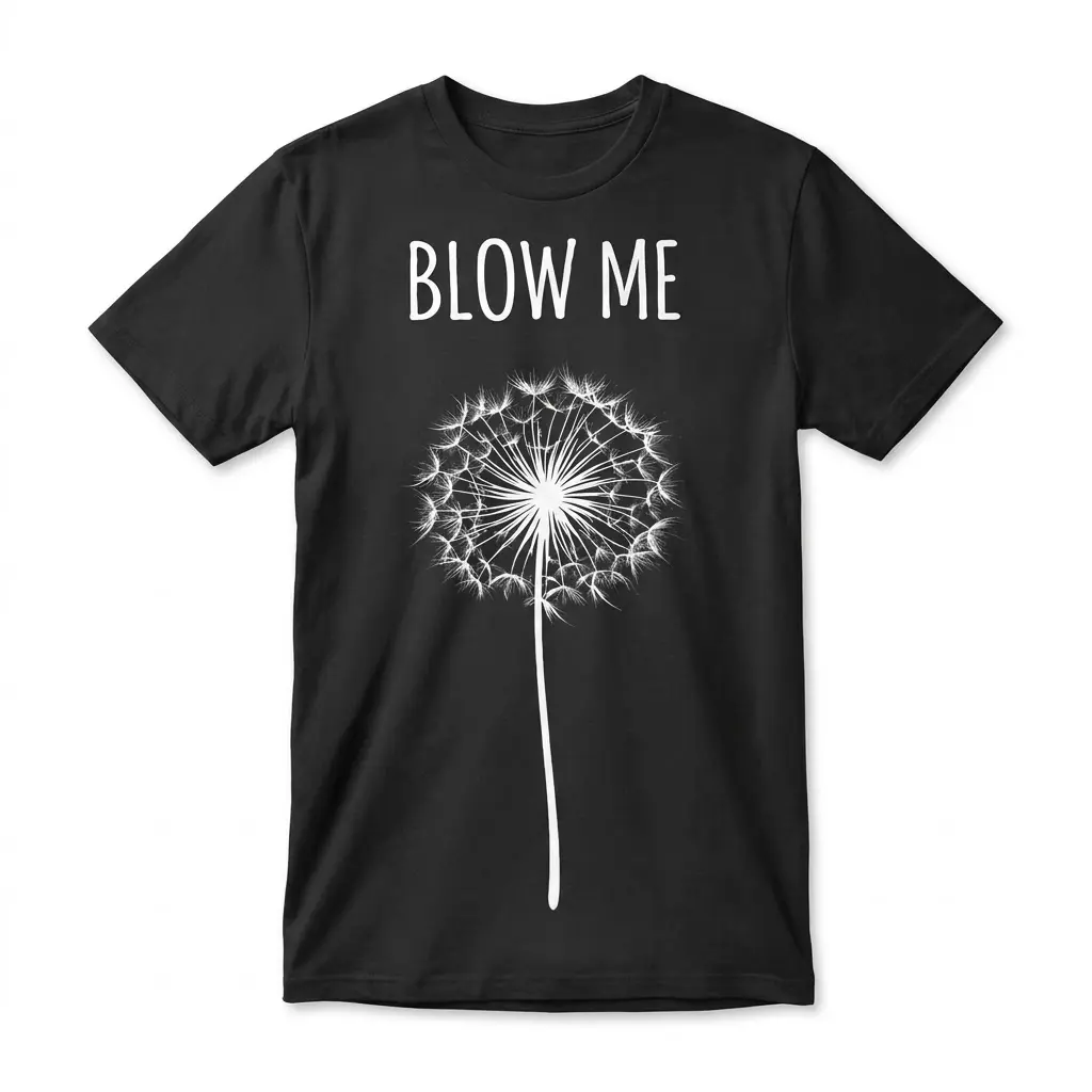 Blow Me Dandelion Shirt flat lay featuring white dandelion seed head graphic and text on a black t-shirt.