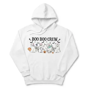 Boo Boo Crew Ghost Nurse T-Shirt 7 Flat lay front view of a hoodie printed with the Halloween Boo Boo Crew ghost nurse design and medical graphics.