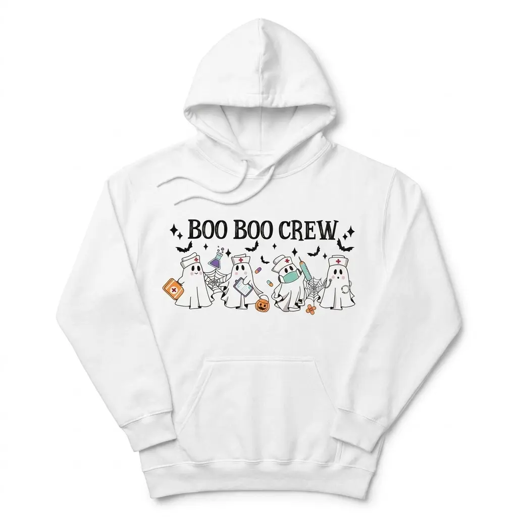 Flat lay front view of a hoodie printed with the Halloween Boo Boo Crew ghost nurse design and medical graphics.