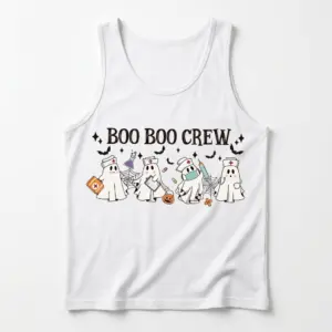 Boo Boo Crew Ghost Nurse T-Shirt 8 Front flat lay of a tank top displaying cute cartoon ghost nurses and the Boo Boo Crew graphic.