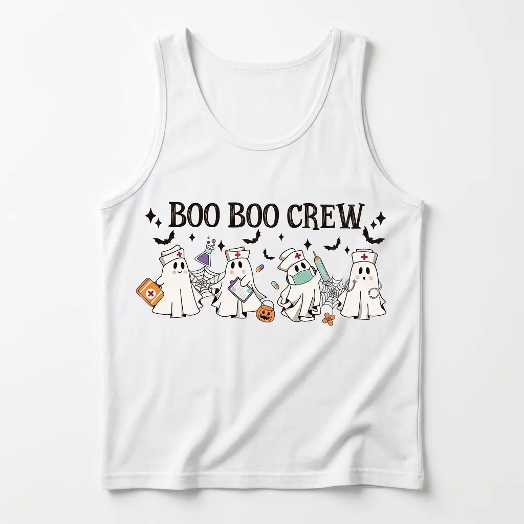Front flat lay of a tank top displaying cute cartoon ghost nurses and the Boo Boo Crew graphic.