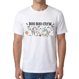 Boo Boo Crew Ghost Nurse T-Shirt 9 Front view of a man wearing the Boo Boo Crew ghost nurse shirt featuring cartoon ghosts in nurse hats.