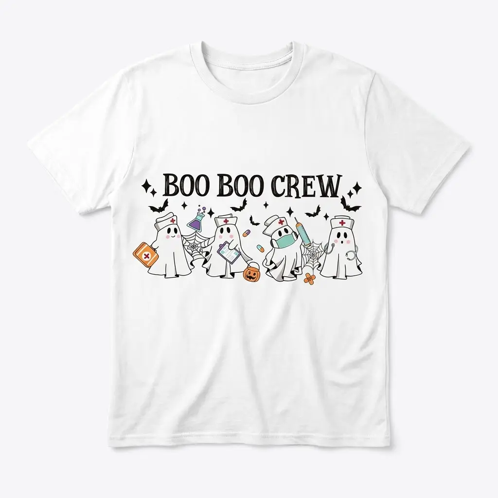 Flat lay of the Boo Boo Crew nurse shirt featuring ghost nurses with medical supplies and bats under bold lettering.