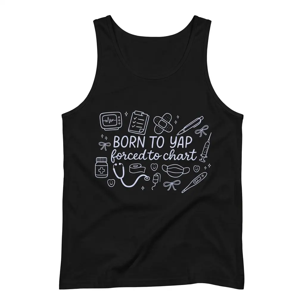 Born To Yap Forced To Chart Coquette Nurse Doodle T-Shirt 3 Sleeveless casual tank top with black tee front print reading BORN TO YAP forced to chart surrounded by stethoscope, syringe, clipboard, and bow doodles