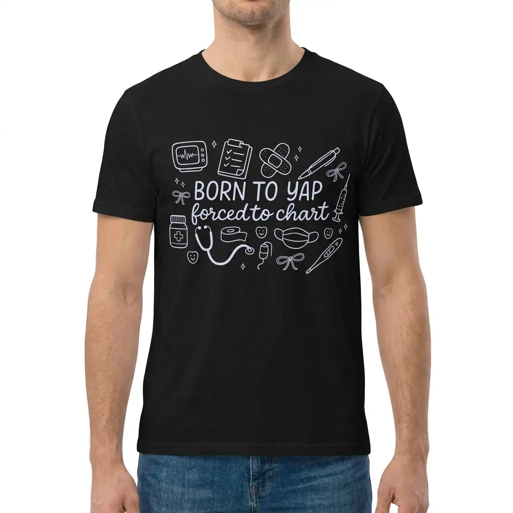 Born To Yap Forced To Chart Coquette Nurse Doodle T-Shirt 4 Man wearing black graphic tee with black tee front print reading BORN TO YAP forced to chart surrounded by stethoscope, syringe, clipboard, and bow doodles