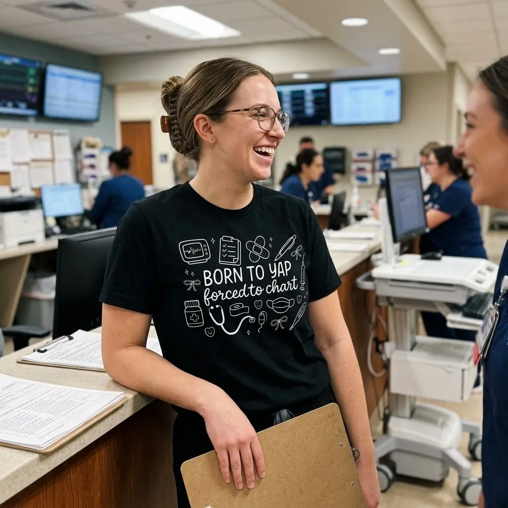 Born To Yap Forced To Chart Coquette Nurse Doodle T-Shirt 5 Smiling healthcare worker wearing the black Born to Yap Forced to Chart nurse shirt at a clinic station while holding a clipboard.