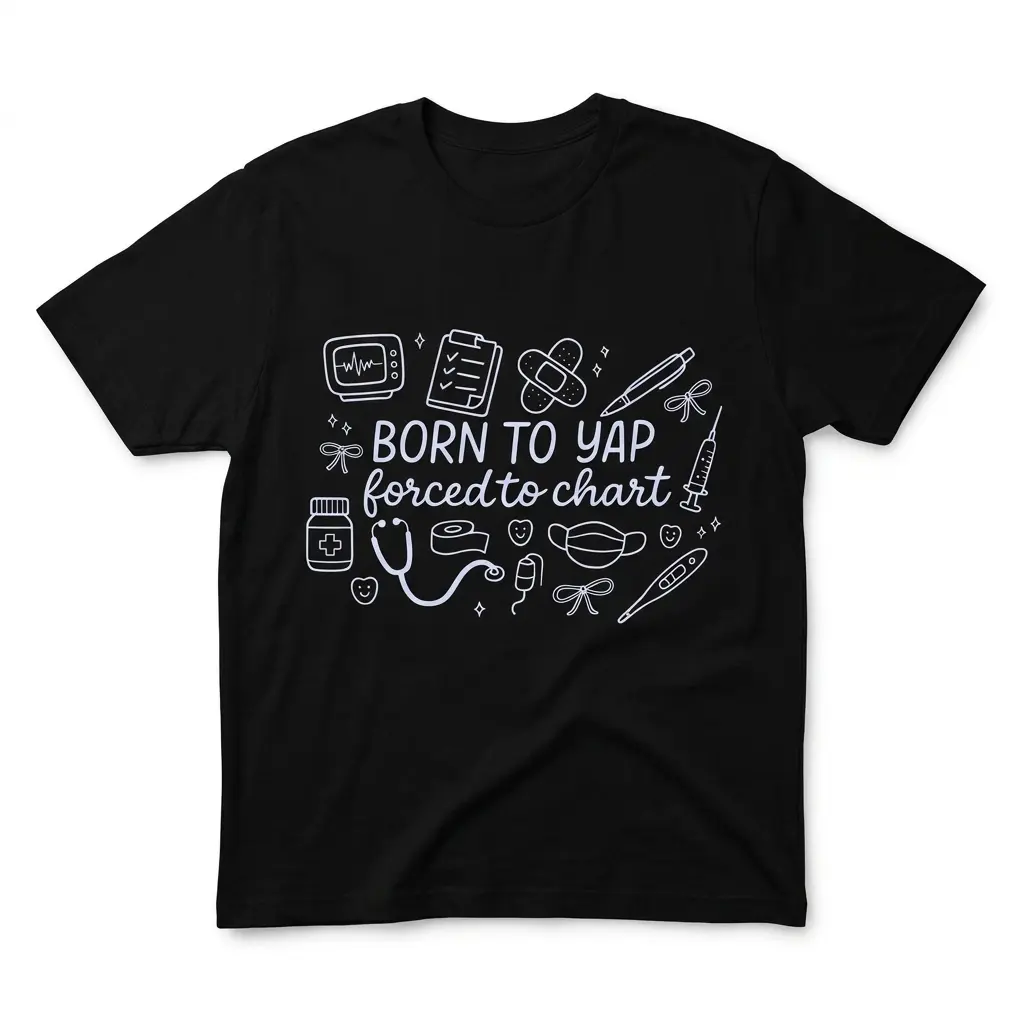 Born To Yap Forced To Chart Coquette Nurse Doodle T-Shirt 1 Flatlay black t-shirt featuring black tee front print reading BORN TO YAP forced to chart surrounded by stethoscope, syringe, clipboard, and bow doodles