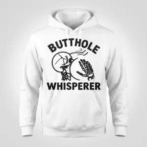 Butthole Whisperer Skeleton Sarcastic Humor T-Shirt 7 Front flat lay view of a hoodie printed with the sarcastic Butthole Whisperer skeleton graphic.