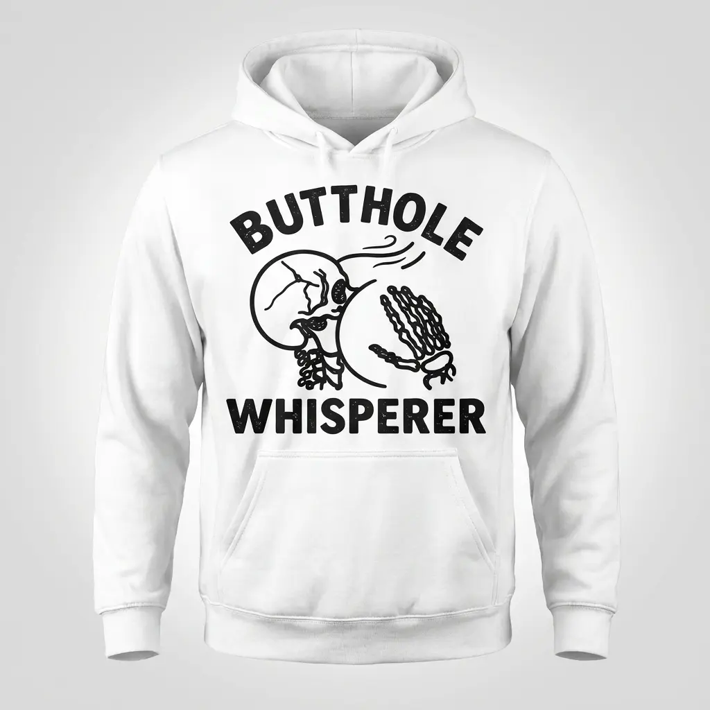 Butthole Whisperer Skeleton Sarcastic Humor T-Shirt 2 Front flat lay view of a hoodie printed with the sarcastic Butthole Whisperer skeleton graphic.