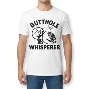Butthole Whisperer Skeleton Sarcastic Humor T-Shirt 9 Front view of a man wearing the white Butthole Whisperer skeleton sarcastic humor t-shirt.