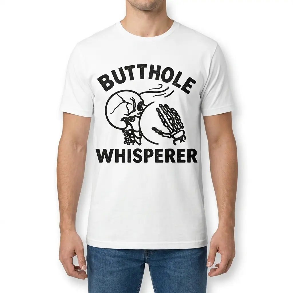 Butthole Whisperer Skeleton Sarcastic Humor T-Shirt 4 Front view of a man wearing the white Butthole Whisperer skeleton sarcastic humor t-shirt.