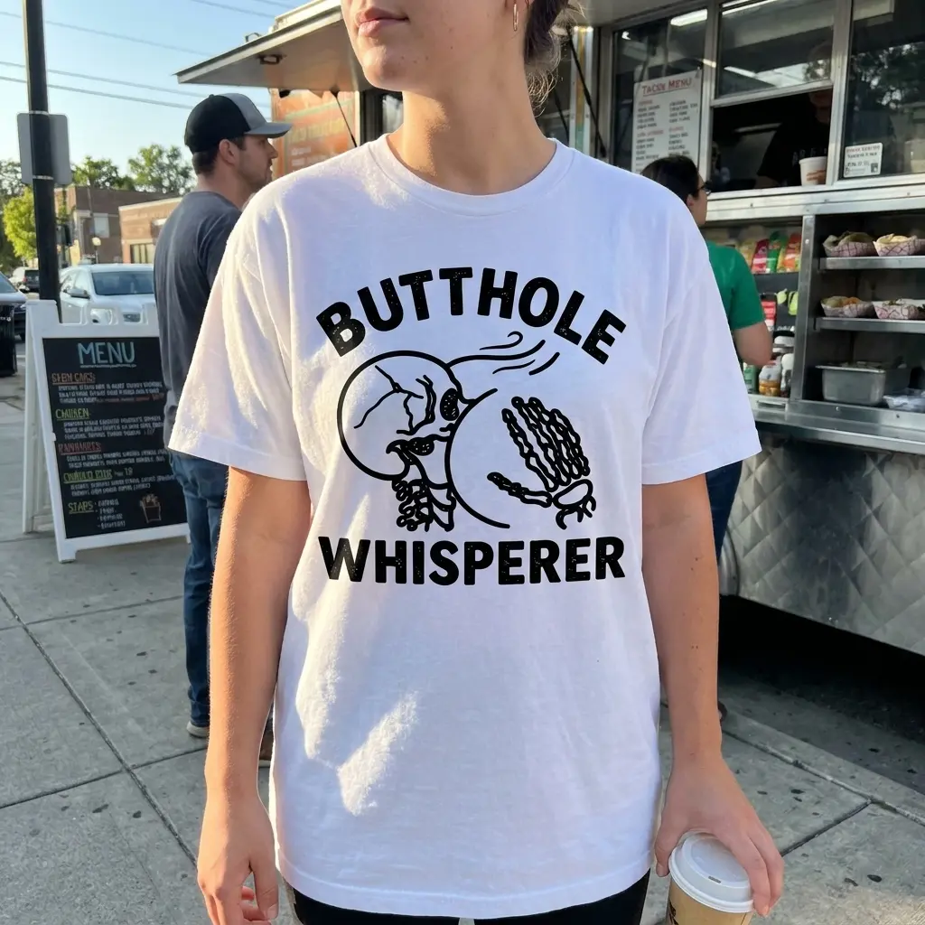 Butthole Whisperer Skeleton Sarcastic Humor T-Shirt 6 Lifestyle view showcasing the Butthole Whisperer skeleton graphic apparel.