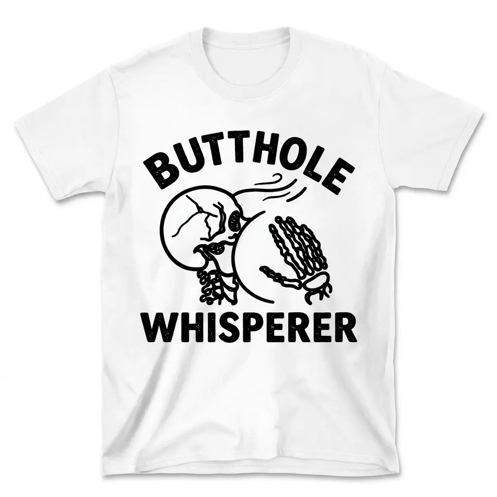 Butthole Whisperer Skeleton Sarcastic Humor T-Shirt 1 Front flat lay view of a white t-shirt featuring the black Butthole Whisperer skeleton graphic design.