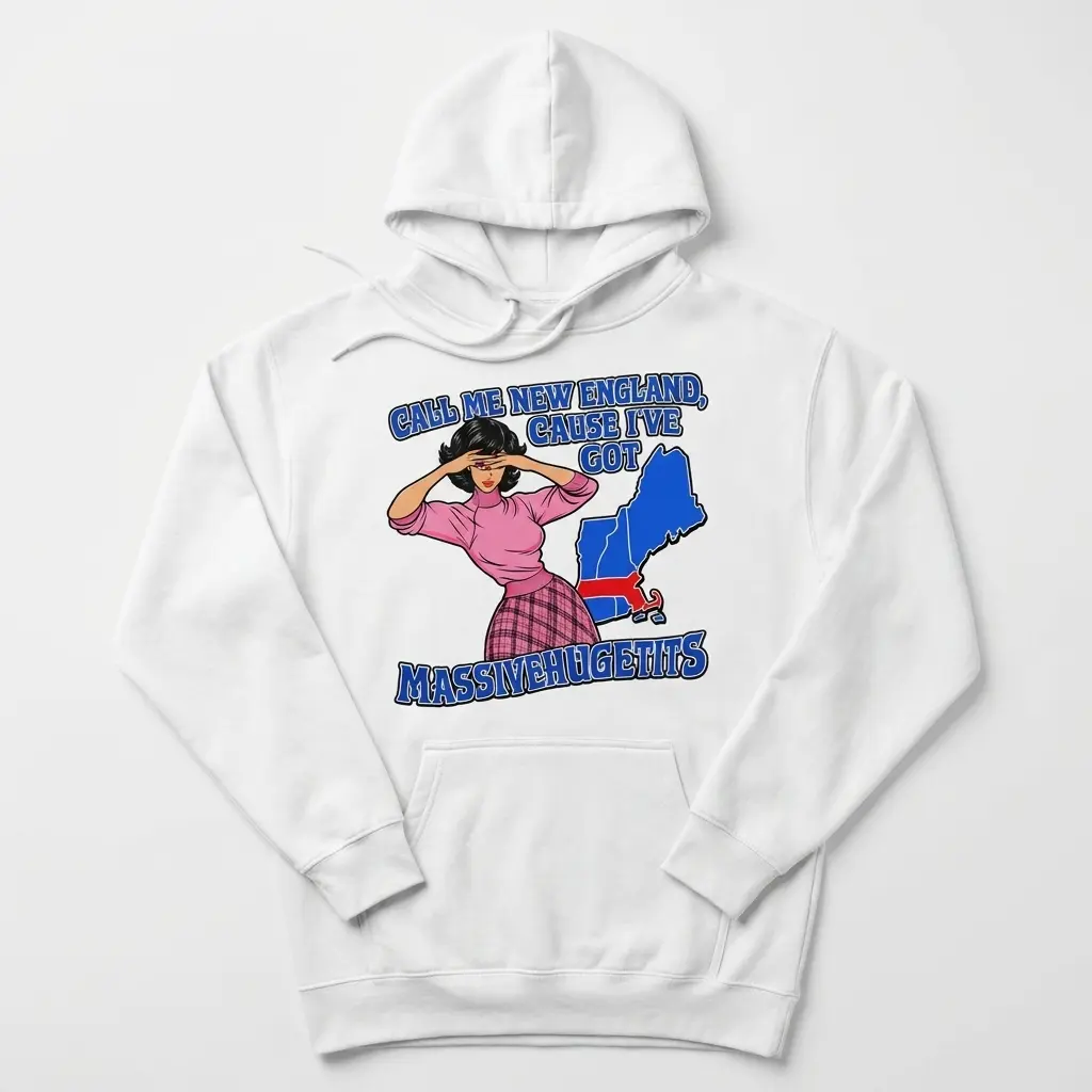 Cozy pullover hoodie displaying white tee front print reading CALL ME NEW ENGLAND CAUSE IVE GOT MASSIVEHUGETITS with a retro comic woman and map