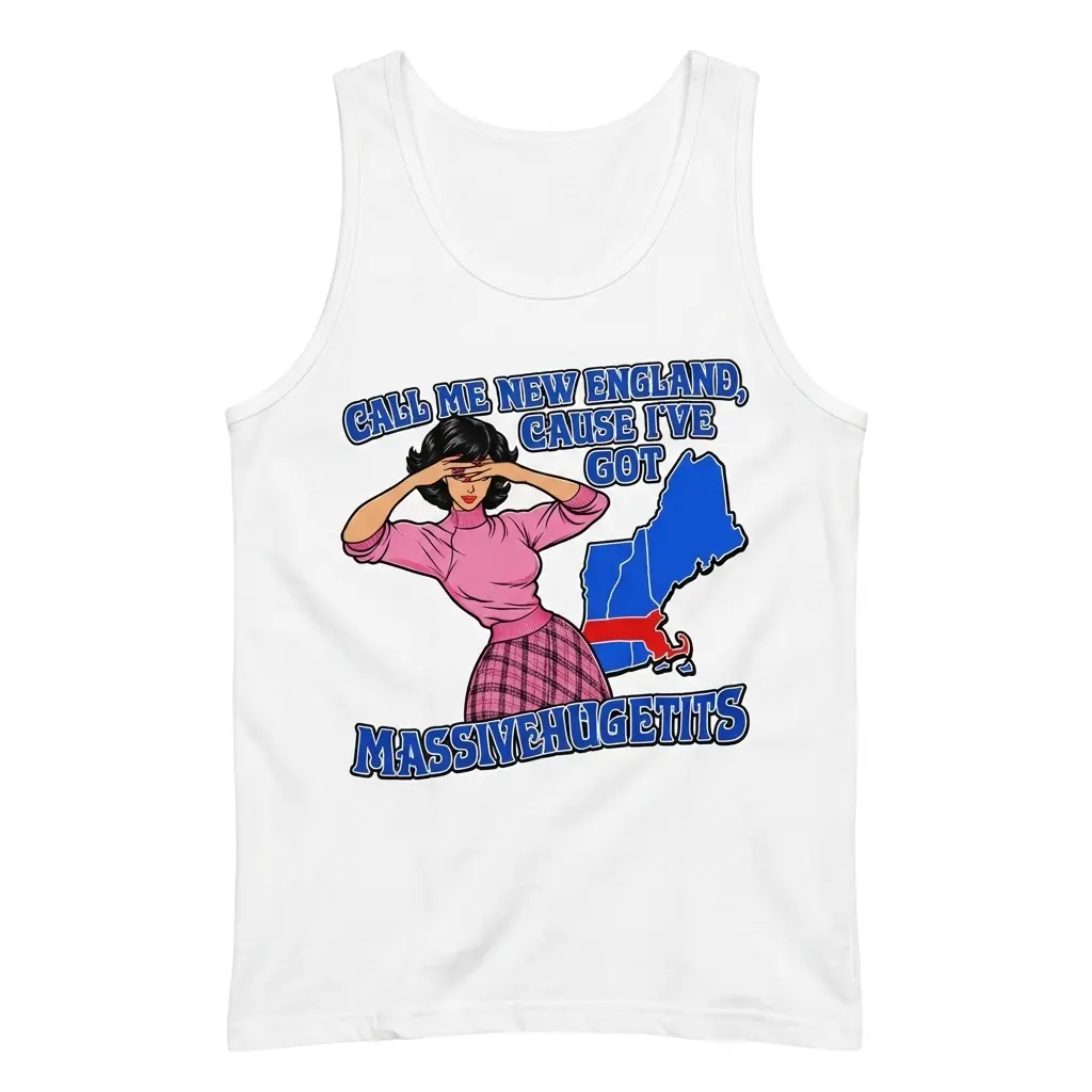 Sleeveless casual tank top with white tee front print reading CALL ME NEW ENGLAND CAUSE IVE GOT MASSIVEHUGETITS with a retro comic woman and map