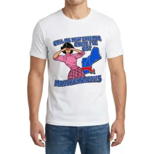 Call Me New England Cause I've Got Massivehugetits Funny T-Shirt 9 Man wearing white graphic tee with white tee front print reading CALL ME NEW ENGLAND CAUSE IVE GOT MASSIVEHUGETITS with a retro comic woman and map