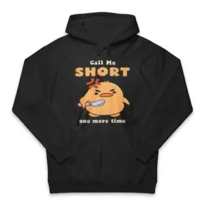 Call Me Short One More Time Angry Duck Knife T-Shirt 7 Front flat lay of a hoodie printed with the Call Me Short angry duck holding a knife graphic.
