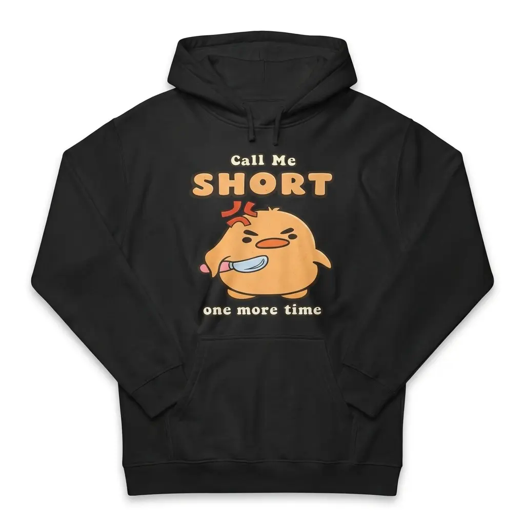 Call Me Short One More Time Angry Duck Knife T-Shirt 2 Front flat lay of a hoodie printed with the Call Me Short angry duck holding a knife graphic.