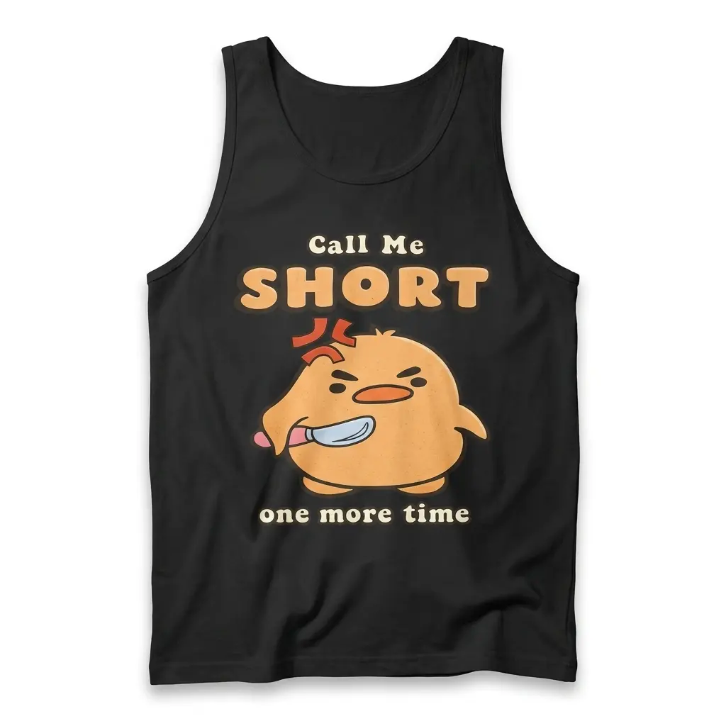 Call Me Short One More Time Angry Duck Knife T-Shirt 3 Front flat lay view of a tank top featuring the humorous angry duck with a knife design.