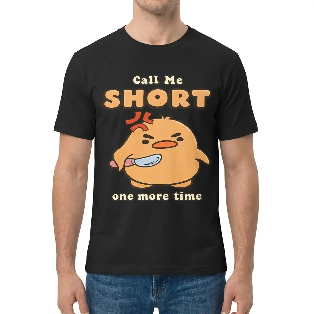 Call Me Short One More Time Angry Duck Knife T-Shirt 4 Front view of a man wearing the black Call Me Short One More Time angry duck graphic t-shirt.
