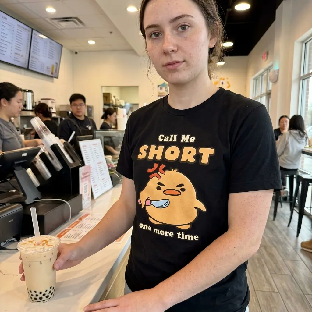 Call Me Short One More Time Angry Duck Knife T-Shirt 5 Call Me Short angry duck knife graphic shirt styled in a casual everyday lifestyle setting.