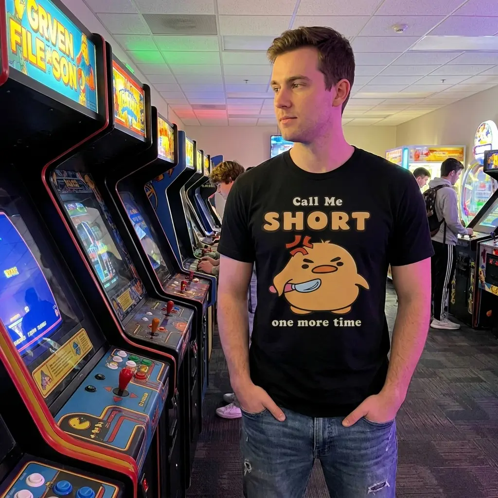 Call Me Short One More Time Angry Duck Knife T-Shirt 6 Lifestyle view highlighting the funny Call Me Short angry duck print on a casual black shirt.