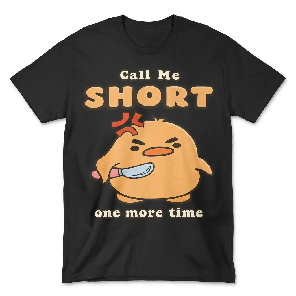 Call Me Short One More Time Angry Duck Knife T-Shirt 1 Flat lay of a black t-shirt featuring an angry cartoon duck holding a knife with the text Call Me Short One More Time.