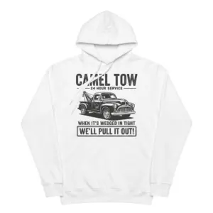 Camel Tow 24 Hour Service T-Shirt 7 Front flat lay of a hoodie featuring the vintage Camel Tow truck design and text.