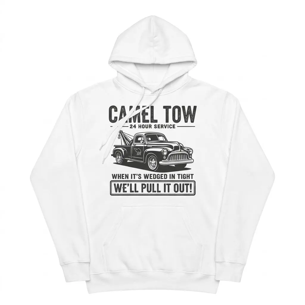 Front flat lay of a hoodie featuring the vintage Camel Tow truck design and text.