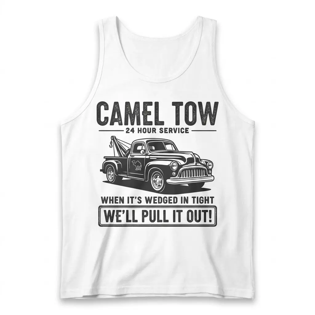 Front flat lay of a tank top with the humorous Camel Tow truck graphic.